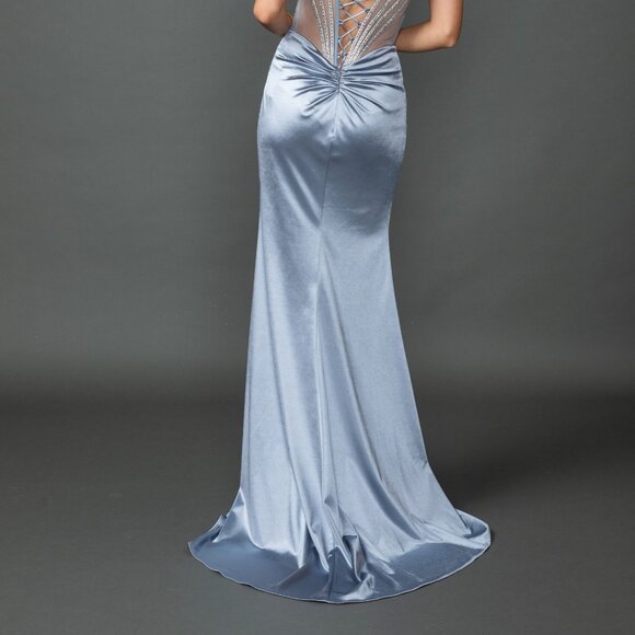 New Beads Embellished Prom Satin Dress w/ Gathered Waist & Lace Up Back DQ 4538 - Picture 8 of 8